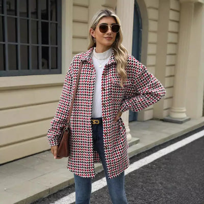 Women New Houndstooth Lapel Top Mid-length Woolen Coat for Women