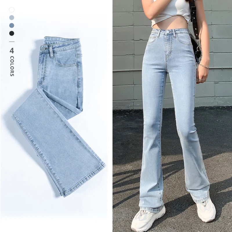 Flared Jeans Woman High Waist Wide Leg Pants New Leisure Fashion Stretch Elasticity Washde Denim Trousers For Female Plus Size