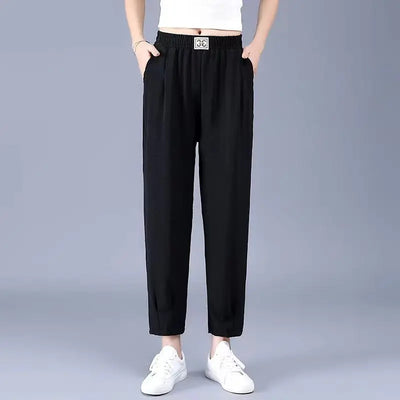 Black Thin Elastic Waist Simplicity Harem Pants Summer New Solid Loose All-match Casual Pants Fashion Vintage Women Clothing