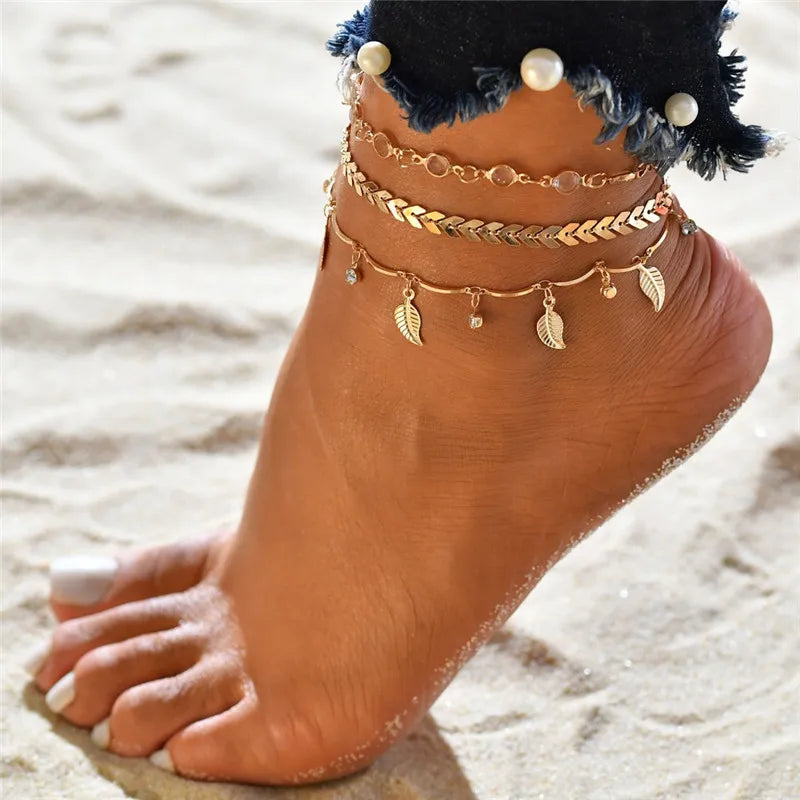 Gold Silver Color Chain Multilayer Anklets Women Beads Anklet Leg Chain Ankle Bracelets Beach Foot Jewelry Accessories