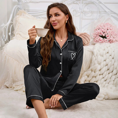 Autumn Satin Pajama for Women Heart-shaped Embroidery Sleepwear & Loungewear Long Sleeve Top & Pants Home Clothes Pyjama 2 Piece