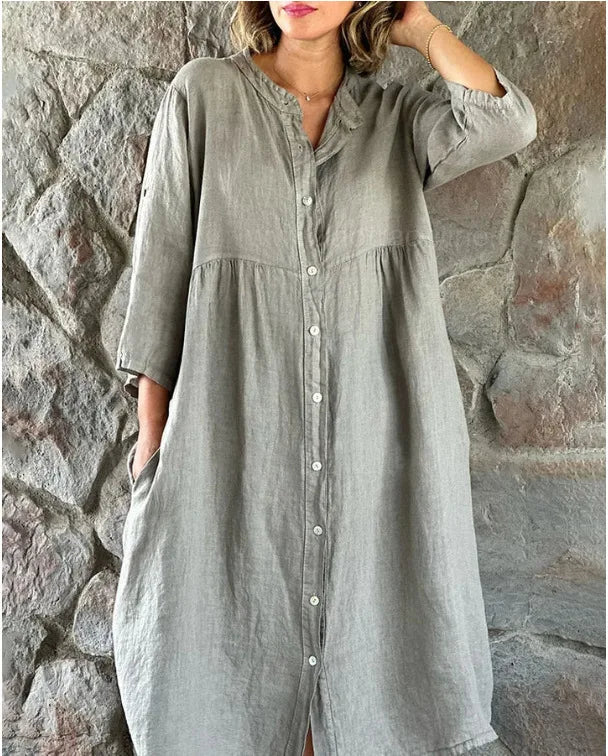 Spring Summer Women Cotton Linen Dress 2024 Fashion Loose Button Long Sleeve Shirt Dresses Solid Beach Party Pockets Dress Robe