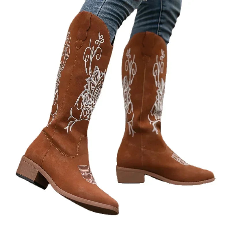 Retro Embroidery Low Heels Western Boots for Women Autumn Pointed Toe Cowboy Boots Woman Black Suede Knight Boots Plus Size 43