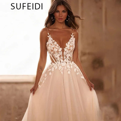 Elegant V-neck Wedding Dresses Spaghetti Straps Appliques Corset Boho Tulle Bridal Gown Lace Floor Length Vestidos De Novia