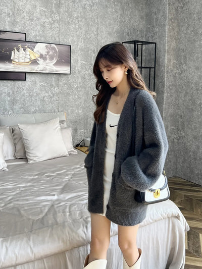 Imitation Mink Fur V-neck Lazy Style Knitted Cardigan Lantern Sleeve Sweater Women's New Pocket Jacket