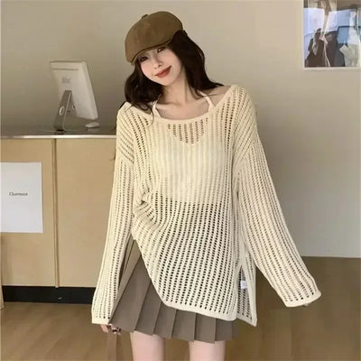 Women Hollow Out Y2K Sexy Sweater Hole Knitted Long Sleeve Streetwear Top Casual Loose Thin Sweater For Women 2024 Autumn