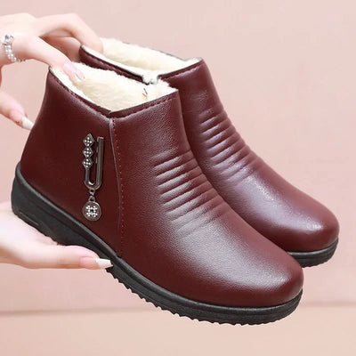 Winter Ankle Boots Fashion Women Leather Boots Plush Warm with Metal Mother Shoes Non-slip Short Boots Woman Botas De Mujer