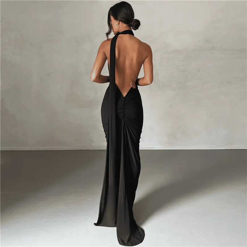 2023 New Fashion Elegant Maxi Dress for Women Sexy One Shoulder Bodycon Slim Pleated Solid Backless Dresses Party Club Clothes