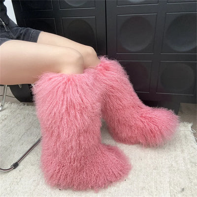 New Fashion Mongolia Fur Woman Snow Boots Fluffy Knee-High Boot Winter Women Fashion Snow Boot Warm Cotton Shoes