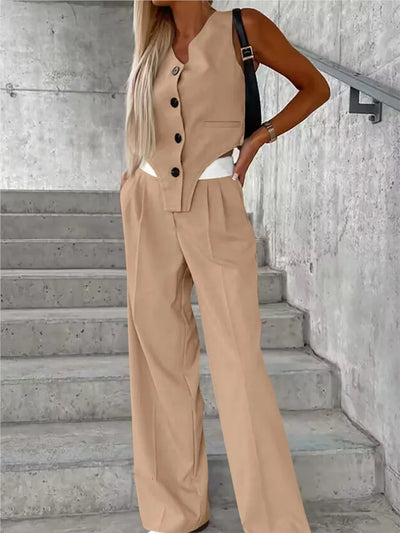 Women's Wide Leg Pant Suits V Neck Button Tanks Tops Pocket Loose Pants Outfits Two Piece Set For Women Irregular 2 Pcs/set 2025