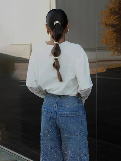 Gradient Blue Women Jeans With Rhinestone Casual High Wait Wide Legs Pockets Denim Pant 2025 Spring Chic Street Trousers Lady