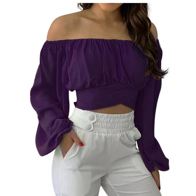 Sexy Slash Neck Backless Long Lantern Sleeve Floral Print Blouse Tops Summer Women Criss Cross Bandage Cropped T Shirt Tops