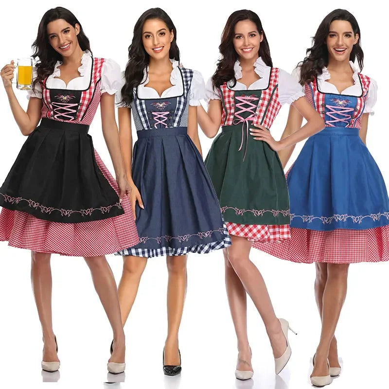 Adult Women Oktoberfest Dirndl Carnival Party Traditional German Bavaria Beer Girl Dress Maid Costume Dress+Apron Outfit