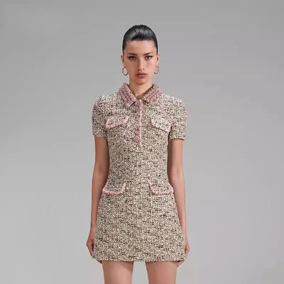 Designer Womem Slim Fit Diamonds Lapel Collar Tweed Dress Short Sleeve A Line Mini Dress Autumn Elegant Party Crystal Dresses