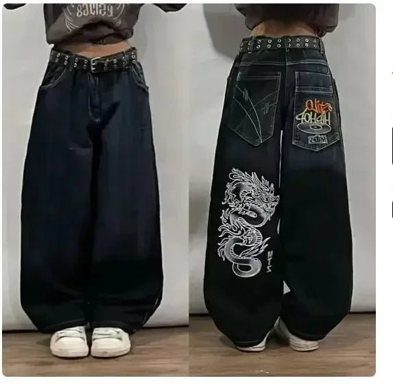 New Retro American Street Hip-hop Loose Jeans Female Y2K Harajuku High Waist Wide Leg Pants Gothic Wide Pants Street Pants Male