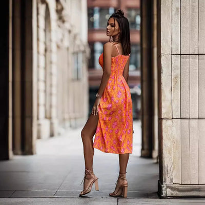Women's Sexy Mid-Length Dress Women's Suspender Fashion Floral Belt Backless Slit Slim Sleeveless Dress