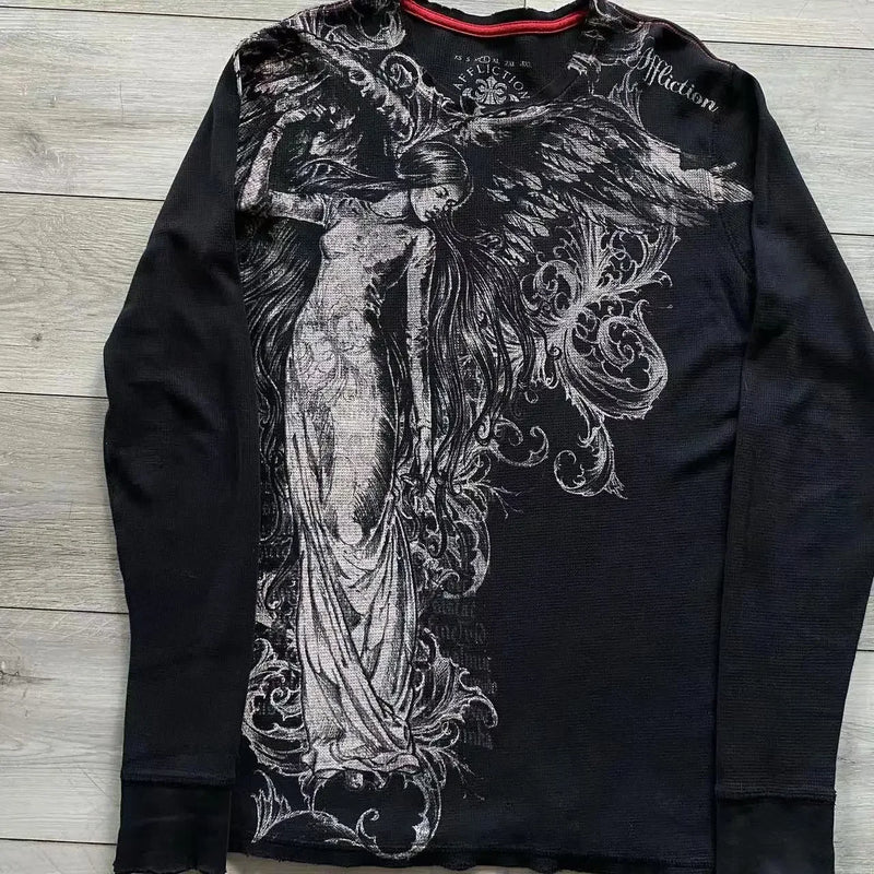 Y2K Affliction Long sleeved T shirt Fashion Round Neck Oversized T shirt New  Mens Womens Casual Gothic Clothing Tops Streetwear