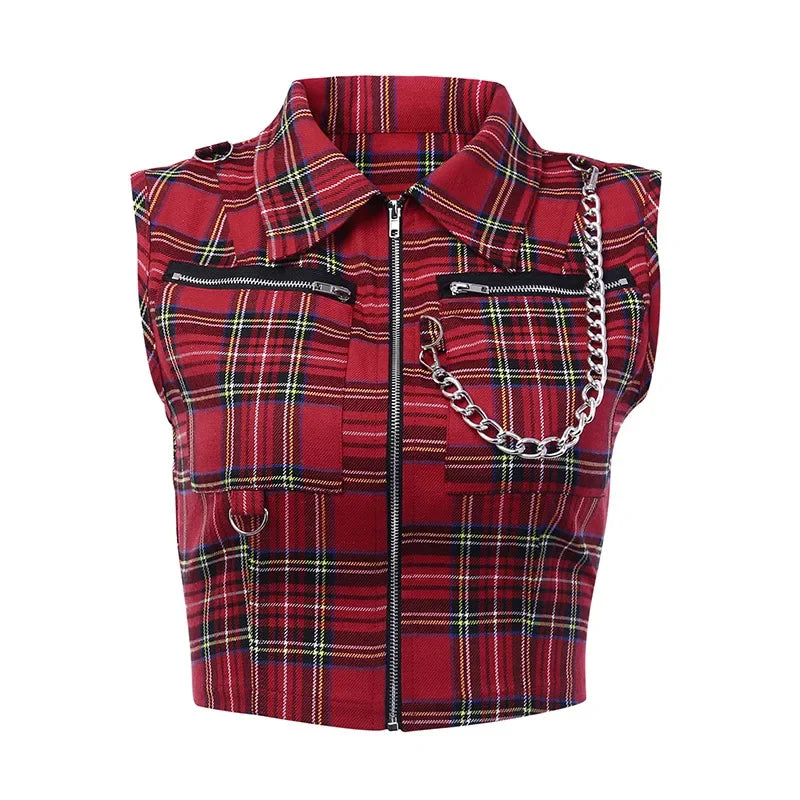 Plaid Punk Streetwear Zipper Chain Plaid Female Goth Retro Hi Hop Camis Top Gothic Chic Sexy Crop Tops Women T-shirt