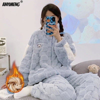 Winter Flannel Women Pajamas Zipper Lapel High-neck Sleepwear Sleepwear Thick Fluffy Loungewear Cardigan Pijamas sporty Homewear