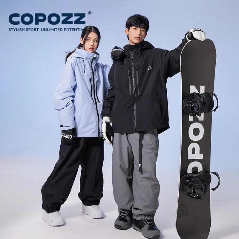 COPOZZ Thicken 3L Ski Jacket Men Women Windproof Waterproof Winter Ski Coat Ski Wear Solid Color Hooded Warm Snowboard Ski Suit