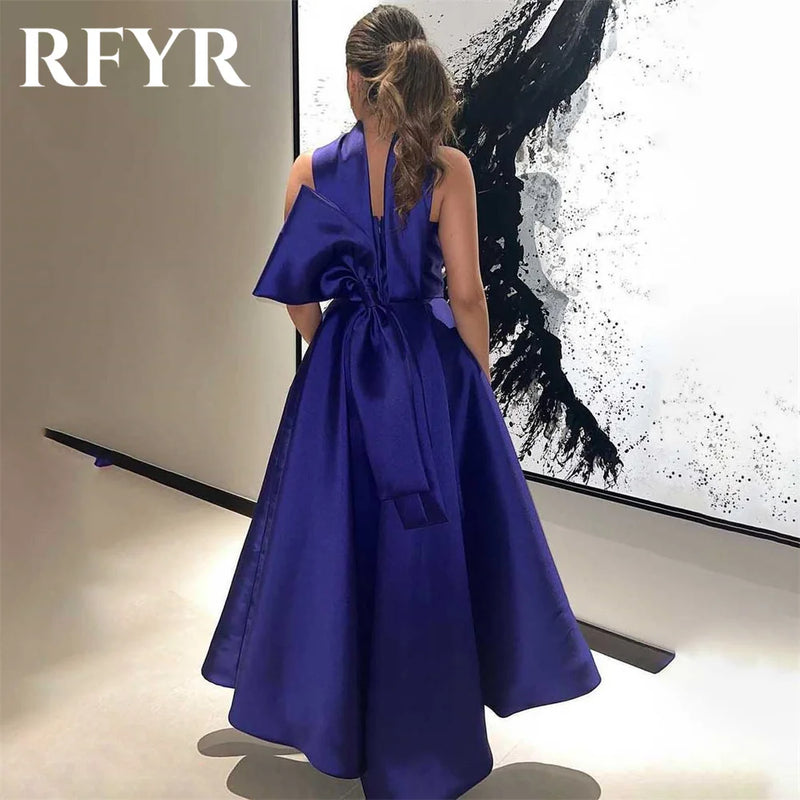 RFYR Purple Stain Prom Dress Sleeveless Halter Party Dress A Line Bow Celebrity Gowns with Pleats Wedding Party Dress Customized