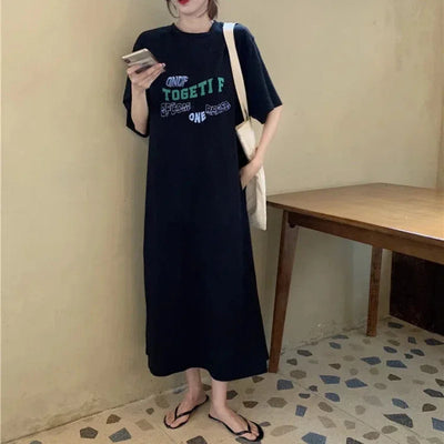 Street Casual Loose T Shirt Dress Summer New Short Sleeve Letter Printing Solid Color Midi Dress Fashion Trend Women Clothing