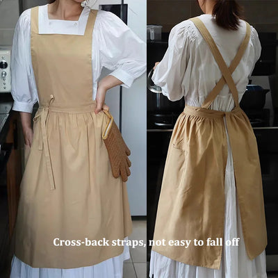 Long Pleated Waterproof Cotton Kitchen Apron for Salon Beauty Women's Anti-dirty Cooking Baking Pinafore Cleaning Work Clothes