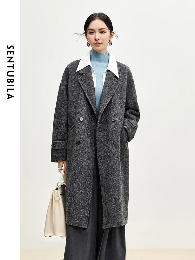 SENTUBILA Long Woolen Coats for Women Outerwear 2024 Winter Luxury Warm Straight Double Breasted High Quality Overcoat W44O56042