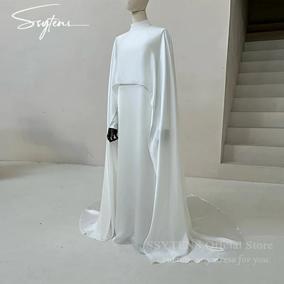 SSYTENS Elegant Muslim Wedding Dresses with Cape High Neck Bride Dress Long Sleeves Customized White Civil Bride Bridal Gowns