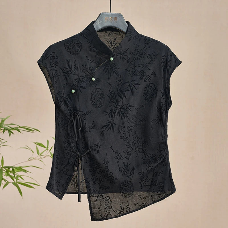 Retro Thin Shirt New Chinese Style Cheongsam Top Black Jacquard Short Sleeve T-shirt Summer Mature Fashion Women&