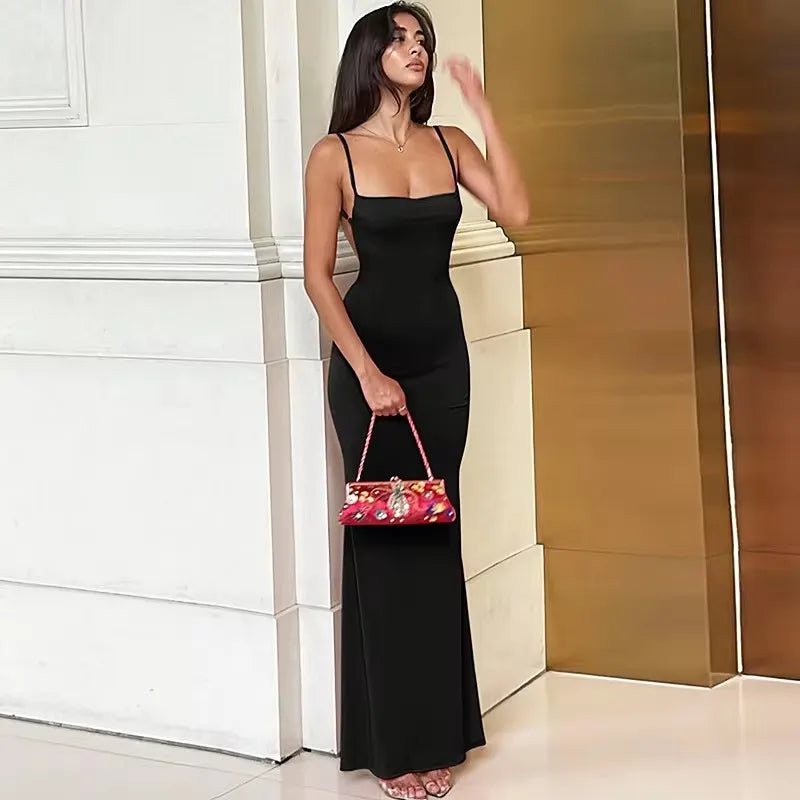 CAKULO 2024 Spring Solid Sleeveless Backless Elegant Sexy Bodycon Y2K Maxi Prom Dress Women Clothes Birthday Party Casual Y2K