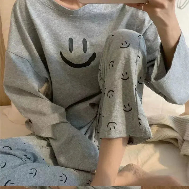 Fall and Winter Pajamas Female Two-Piece Suit Long-Sleeved Smiley Students Sleepwear Loungewear Ladies Nightwear Homewear