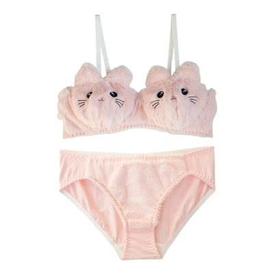 Funny Cats Underwear Set Faux Furs Bra Top and Panty Plush Lingerie Set Cartoon Lovely Bra Set Holiday Gifts for Womens