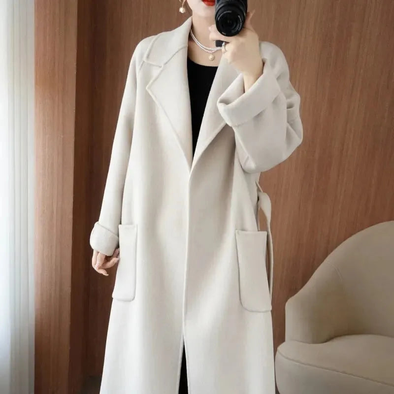 100% Pure Wool Double-Sided Cashmere Coat Women Winter New Mid-Length Loose Fashion Pockets Woolen Jacket Female Overcoat B551