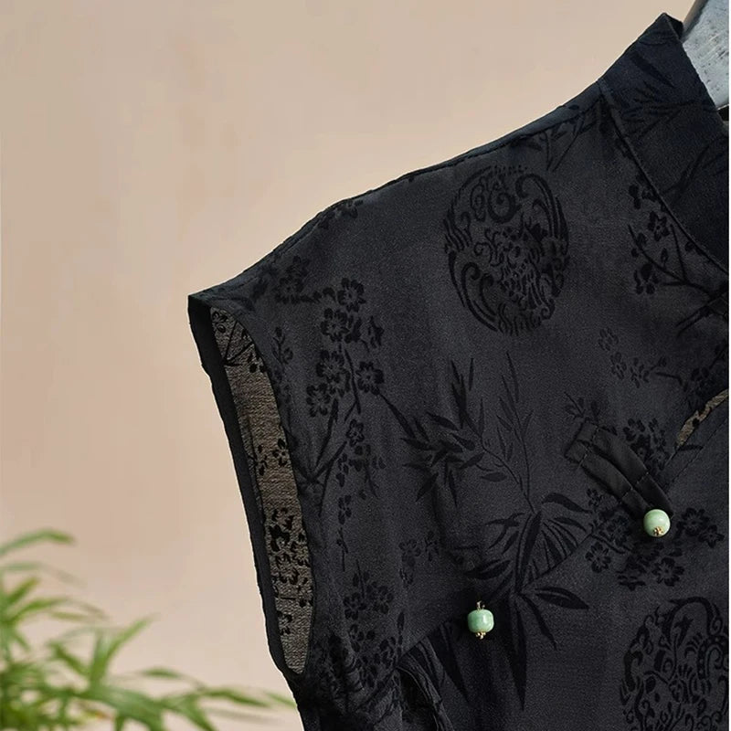 Retro Thin Shirt New Chinese Style Cheongsam Top Black Jacquard Short Sleeve T-shirt Summer Mature Fashion Women&