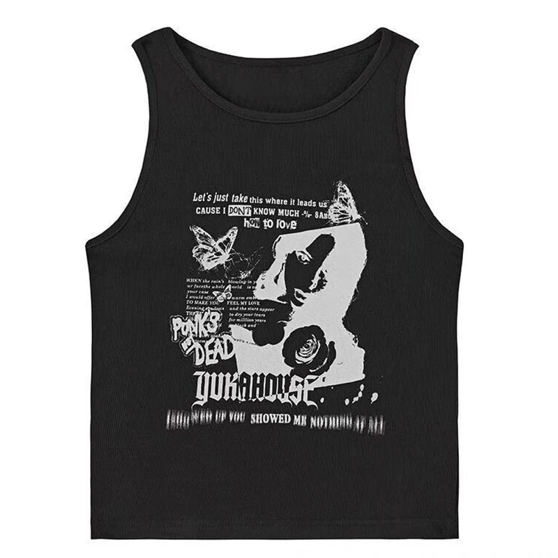 Y2k Grunge Print Sleeveless Sexy Tank Top for Women Ribbed Knit Vest Streetwear Aesthetic Clothing Female Crop Top Women 2000s