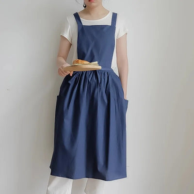 Long Pleated Waterproof Cotton Kitchen Apron for Salon Beauty Women's Anti-dirty Cooking Baking Pinafore Cleaning Work Clothes