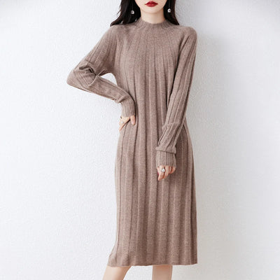 100% Merino Wool Women's Knitted Dress, Crew Neck, Stripes, Casual, Fashionable, Warm, Mid-Length, Autumn/Winter 2024