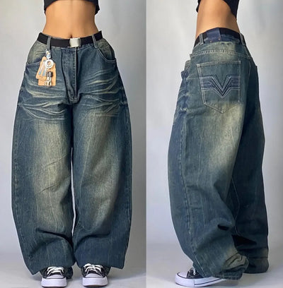 Y2K Street New Youth Fashion Embroidery Washed Casual Jeans Female 2024 Gothic Harajuku Retro Couple High Waist Wide Leg Pants