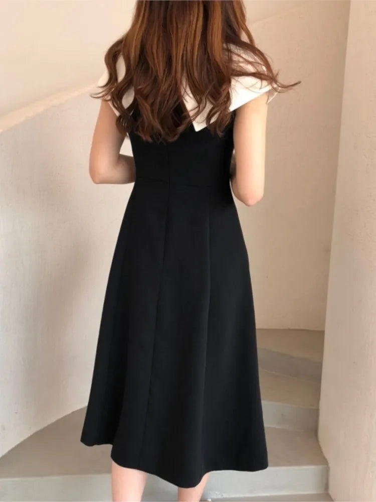 Summer Pullover Midi Dress Women Elegant Fashion Ruffle Pleated Ladies Dresses Patchwork Irregular Collar Korean Woman Dress