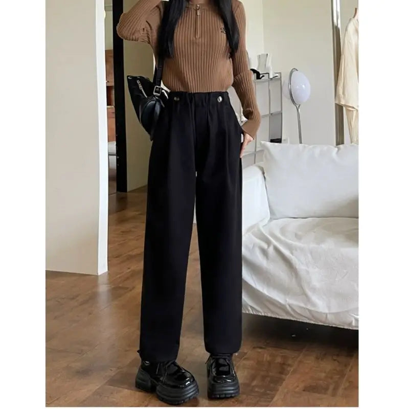 Women Autumn Winter Simplicity Loose Woolen Cloth Solid Color High Waist Straight Women Clothes All-match Warm Casual Suit Pants