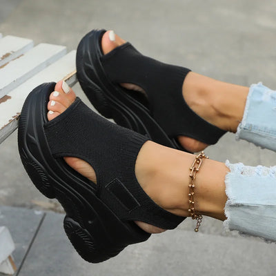 Women's Sandals 2025 Summer Wedge Heel Elastic Cloth Cover Foot Ladies Sandals Thick-soled Fashion Casual Shoes Platform Sandals