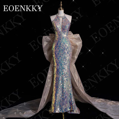 EOENKKY Halter Sparkly Evening Dress Mermaid Style Luxury Sequin Backless Wedding Party Dresses Detachable Train Sleeveless