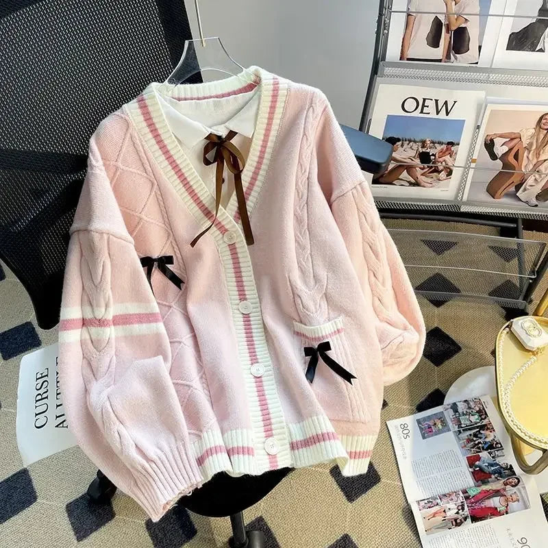 Deeptown Sweet Coquette Sweaters Cardigan Women Kawaii Bow Knitted Cardigan Japanese Preppy Style Lolita Knitwears JK Jumpers