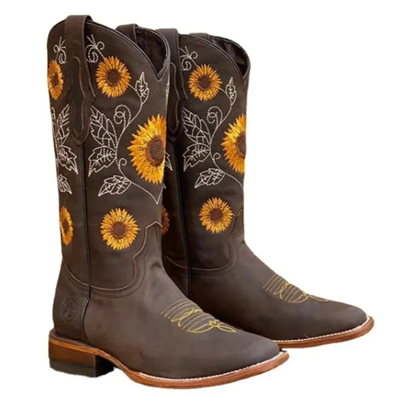 New Women Coffee Brown Embroidery Boots PU Leather Printed Western Cowboy Boots Deep V-mouth High Tube Casual Boots Classic