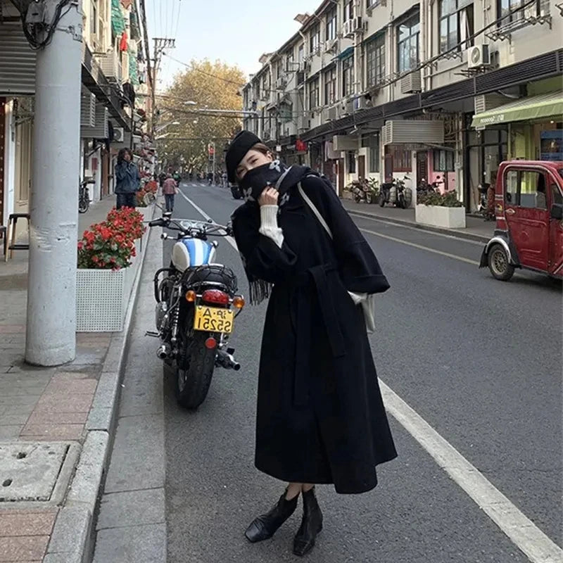 Fashion 100% Wool Coat Belt Black Woolen Long Coat For Women Oversize Loose Lapel Overcoat Autumn Lady High Street Outerwear