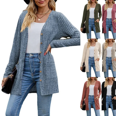 Autumn New Women's Milled Pit Stripe V-Neck Solid Colour Button Long Sleeve Ladies Casual Extensions Cardigan Jacket Coat