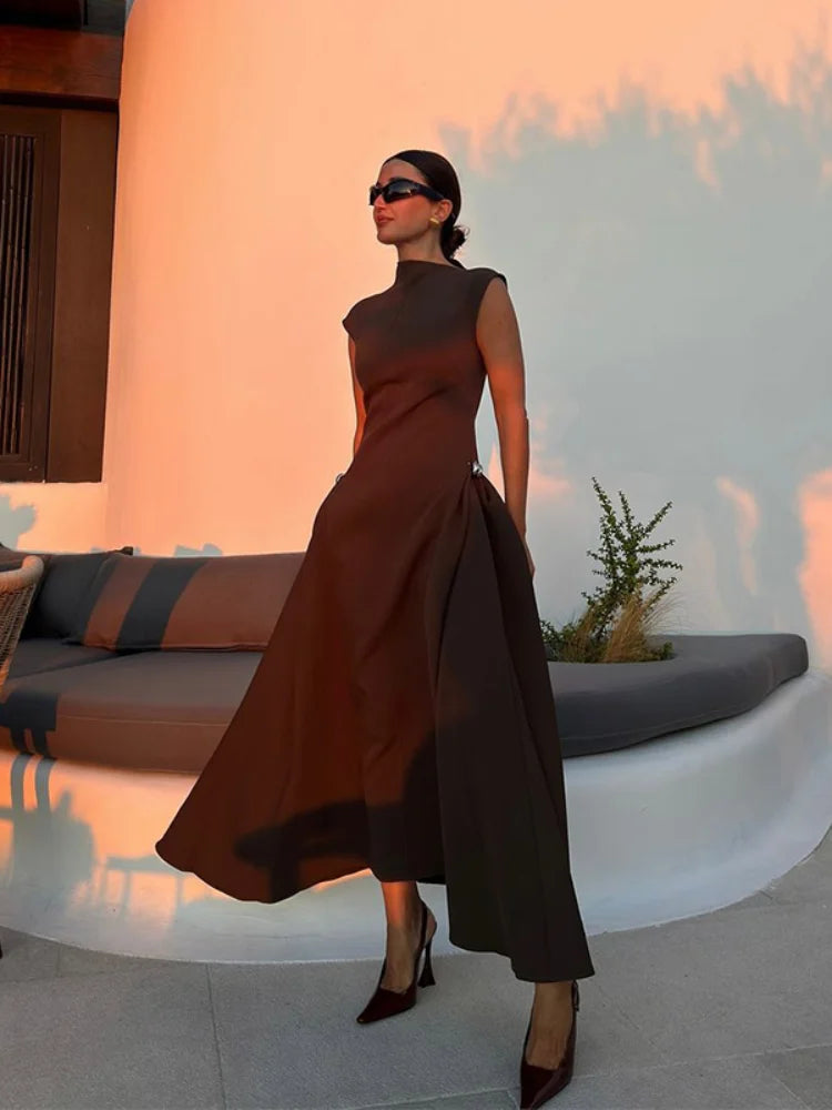 Women Elegant Brown Irregular Collar High Waist Long Dress Fashion Sleeveless Retract Waist A-line Dresses Lady New Party Robe