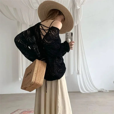 Sexy Hollow V-neck Lace Up Knit Sweater Summer Korean Loose Sun Protection Top Elegant Backless Long Sleeved Beach Top