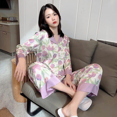 2023 Spring Autumn New Ice Silk 2 Pieces Pajamas for Women Fashion Cardigan Women's Pajamas Sweet Printing Loungewear Women Set